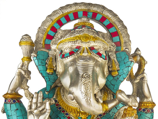 Brassaura® Lord Ganesha with Meenakari Inlay Work | Brass Statue | Height 19.09 Inches & Weight 17.25 kgs