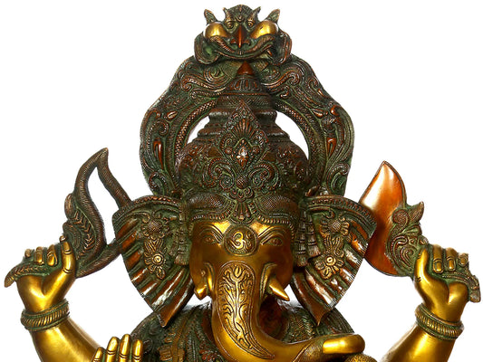 Brassaura® Large Lord Ganesha on Ornate Chowki | Dual Tone Brass Sculpture | Height 33.07 Inches & Weight 55 kgs
