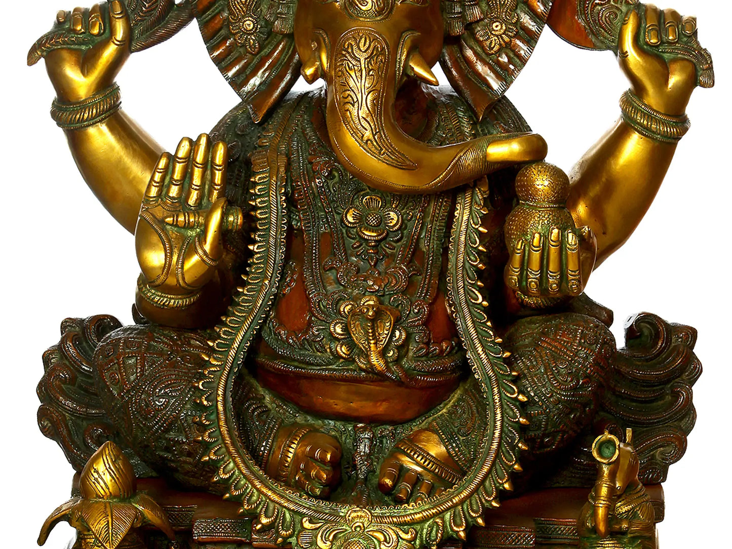 Brassaura® Large Lord Ganesha on Ornate Chowki | Dual Tone Brass Sculpture | Height 33.07 Inches & Weight 55 kgs