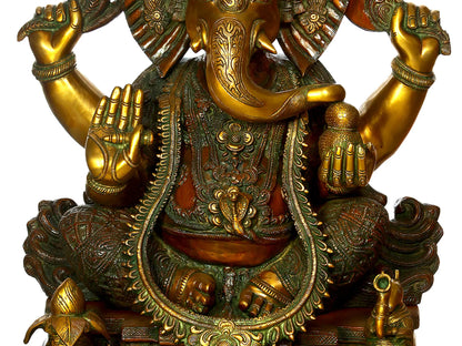 Brassaura® Large Lord Ganesha on Ornate Chowki | Dual Tone Brass Sculpture | Height 33.07 Inches & Weight 55 kgs