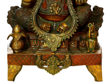 Brassaura® Large Lord Ganesha on Ornate Chowki | Dual Tone Brass Sculpture | Height 33.07 Inches & Weight 55 kgs
