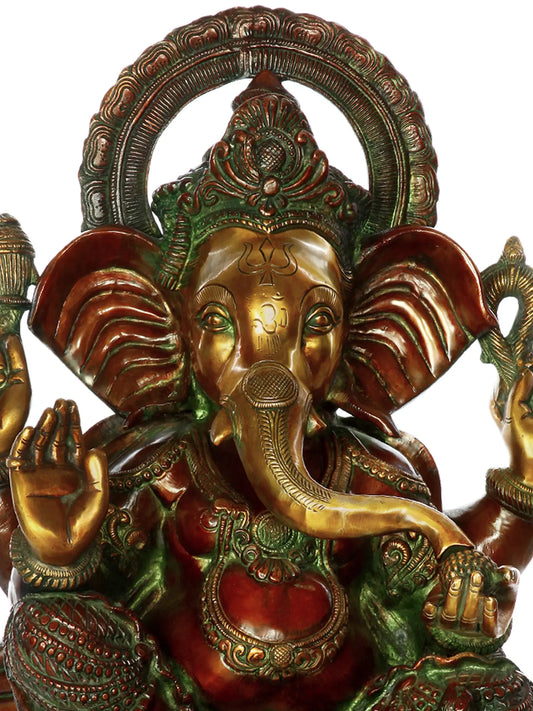 Brassaura® Lord Ganesha on Elephant Base | Dual Tone Brass Sculpture | Height 20.08 Inches & Weight 23.53 kgs