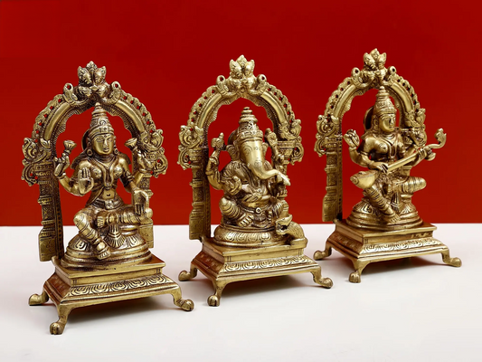 Brassaura® Lakshmi Ganesha Saraswati Brass Idol Set with Intricate Carved Arches | Pure Superfine Brass Handcrafted Murti | Brass Statue for Home Temple, Pooja Room | Height 8 Inches | Weight 5.1 Kgs