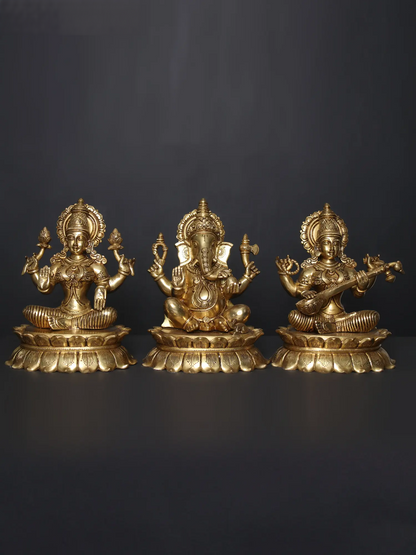 Brassaura™ लक्ष्मी गणेश सरस्वती पीतल की मूर्ति सेट | ऊँचाई 11 इंच और वज़न 22.09 किलोग्राम