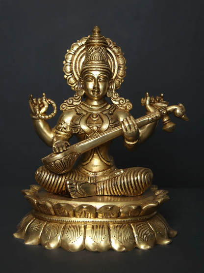 Brassaura™ लक्ष्मी गणेश सरस्वती पीतल की मूर्ति सेट | ऊँचाई 11 इंच और वज़न 22.09 किलोग्राम