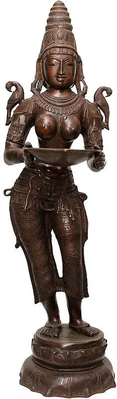 Brassaura™ Large Deeplakshmi Brass Sculpture with Parrot on Shoulders – Height 44.49 inches | Weight 29.20 kgs