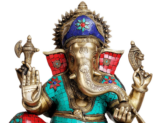 Brassaura® Lord Ganesha with Intricate Meenakari Inlay Work | Brass Statue | Height 16.93 Inches & Weight 15.66 kgs