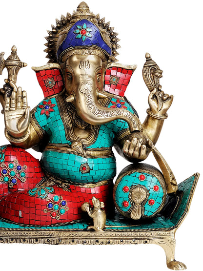 Brassaura® Lord Ganesha with Intricate Meenakari Inlay Work | Brass Statue | Height 16.93 Inches & Weight 15.66 kgs