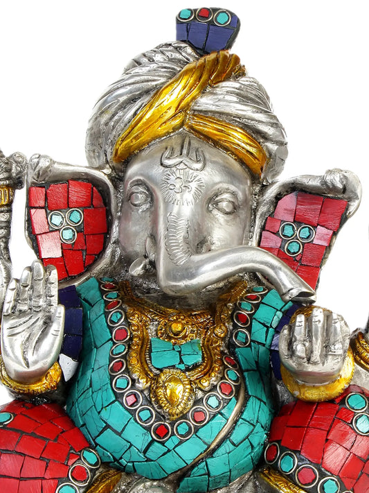 Brassaura® Lord Ganesha with Intricate Inlay Work | Brass Statue | Height 8.46 Inches & Weight 3.61 kgs