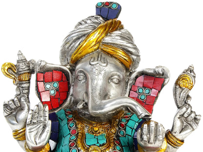 Brassaura® Lord Ganesha with Intricate Inlay Work | Brass Statue | Height 8.46 Inches & Weight 3.61 kgs