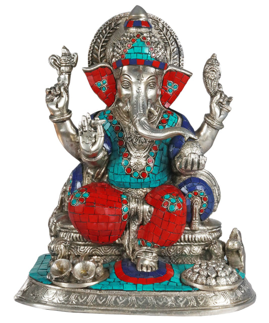 Brassaura® Lord Ganesha with Meenakari Inlay Work | Brass Statue with Silver Finish | Height 13 Inches & Weight 10.47 kgs