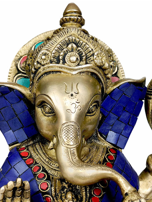 Brassaura™ Lord Ganesha Seated Idol | Brass with Inlay Work | Height 8.07 Inches & Weight 3.10 kgs