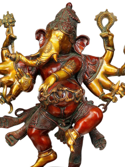 Brassaura® Dancing Multi-Armed Ganesha on Ornate Pedestal | Brass Sculpture | Height 26 Inches & Weight 22.83 kgs