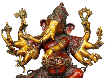 Brassaura® Dancing Multi-Armed Ganesha on Ornate Pedestal | Brass Sculpture | Height 26 Inches & Weight 22.83 kgs