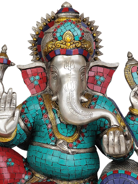 Brassaura® Seated Lord Ganesha with Inlay Work | Height 15.9 Inches | Weight 15.70 kgs