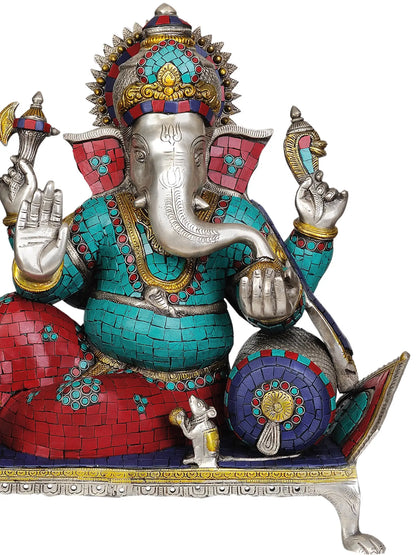 Brassaura® Seated Lord Ganesha with Inlay Work | Height 15.9 Inches | Weight 15.70 kgs