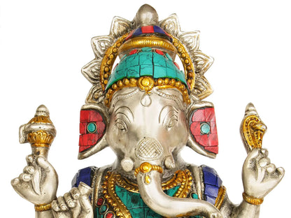 Brassaura™ Lord Ganesha Seated on Lotus Pedestal | Brass Statue with Intricate Inlay Work | Height 9 Inches