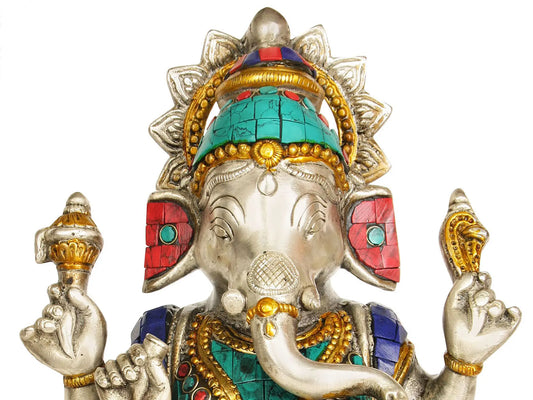 Brassaura™ Lord Ganesha Seated on Lotus Pedestal | Brass Statue with Intricate Inlay Work | Height 9 Inches