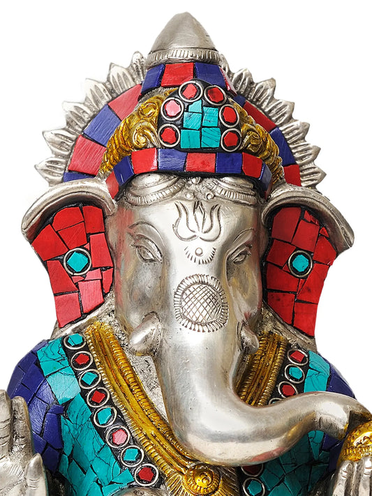 Brassaura™ Seated Ganesha with Inlay Work | Height 8 Inches | Weight 4.16 kgs
