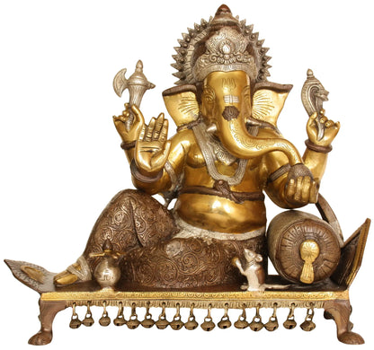 Brassaura™ Brass Reclining Ganesha Idol on Pedestal for Home Temple & Decor | 16 Inches | 15.54 kgs