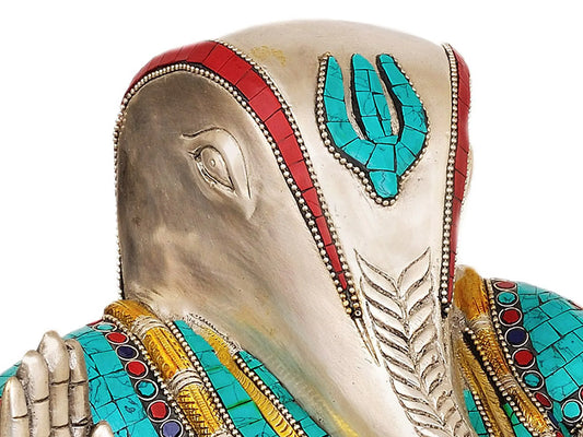 Brassaura™ Resting Ganesha with Inlay Work | Brass Statue with Stone Detailing | Height 12 Inches & Weight 8.16 kgs