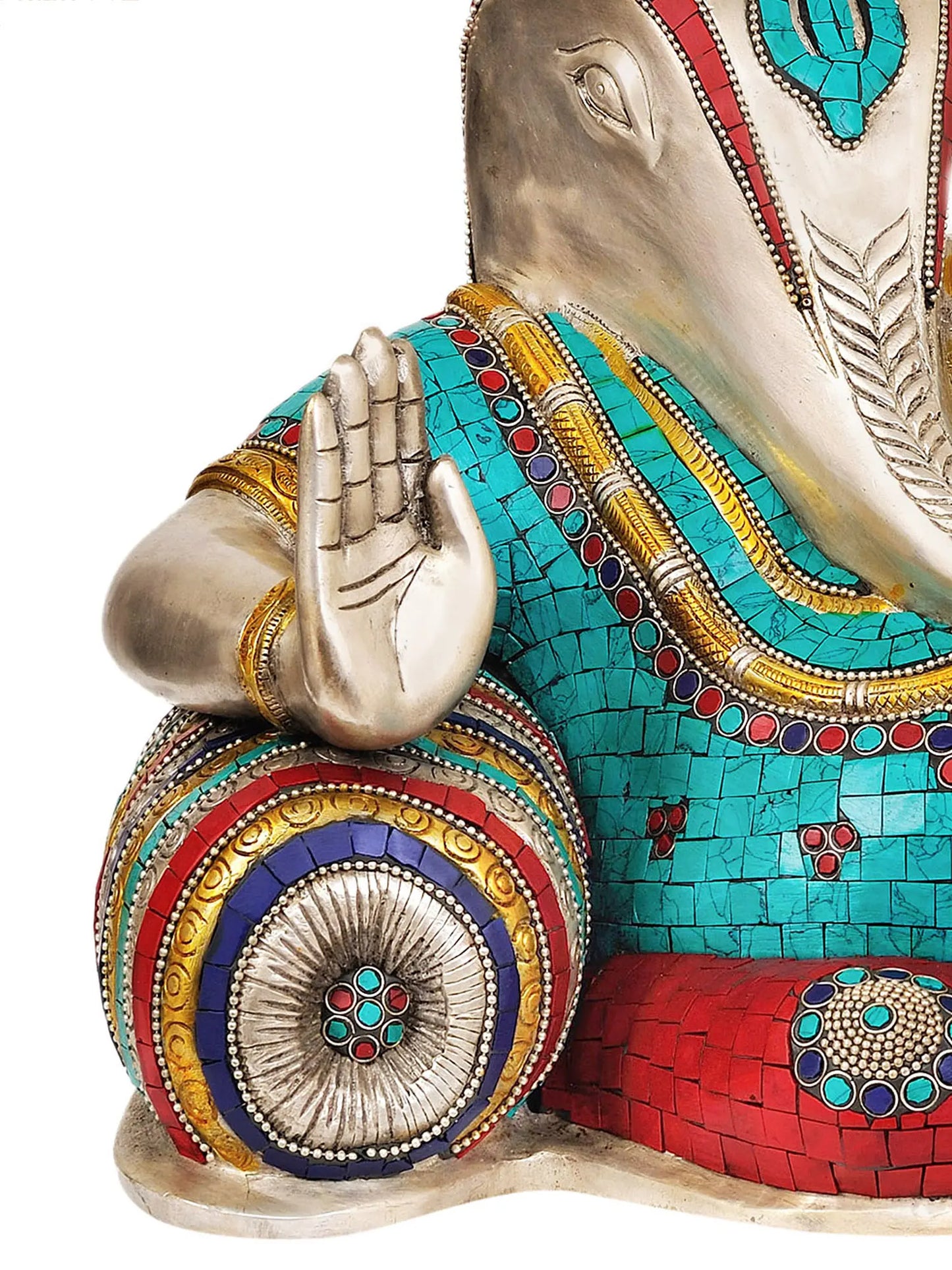 Brassaura™ Resting Ganesha with Inlay Work | Brass Statue with Stone Detailing | Height 12 Inches & Weight 8.16 kgs