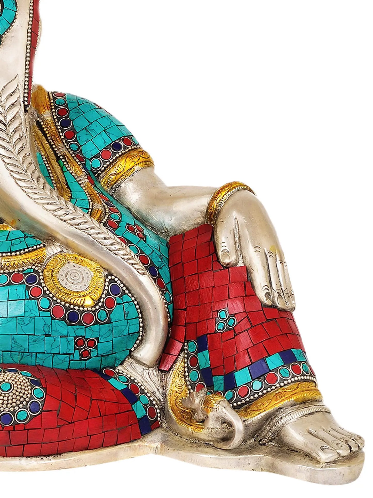 Brassaura™ Resting Ganesha with Inlay Work | Brass Statue with Stone Detailing | Height 12 Inches & Weight 8.16 kgs