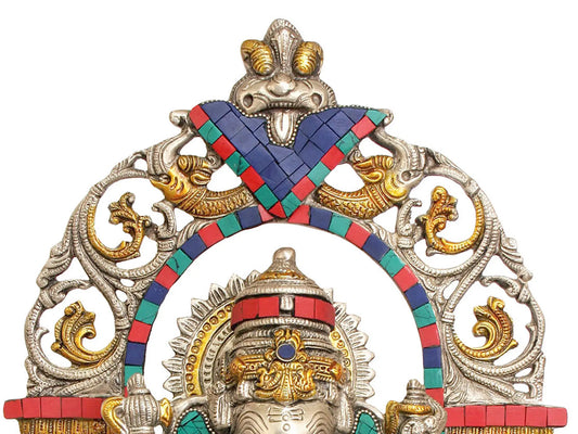 Brassaura™ Seated Ganesha with Ornate Arch | Brass with Meenakari Stonework | Height 15.5 Inches & Weight 9.06 kgs