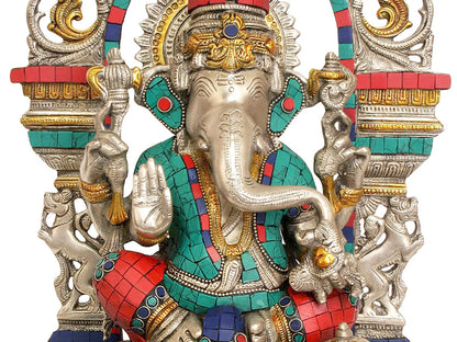 Brassaura™ Seated Ganesha with Ornate Arch | Brass with Meenakari Stonework | Height 15.5 Inches & Weight 9.06 kgs