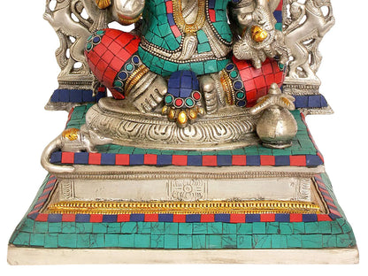 Brassaura™ Seated Ganesha with Ornate Arch | Brass with Meenakari Stonework | Height 15.5 Inches & Weight 9.06 kgs