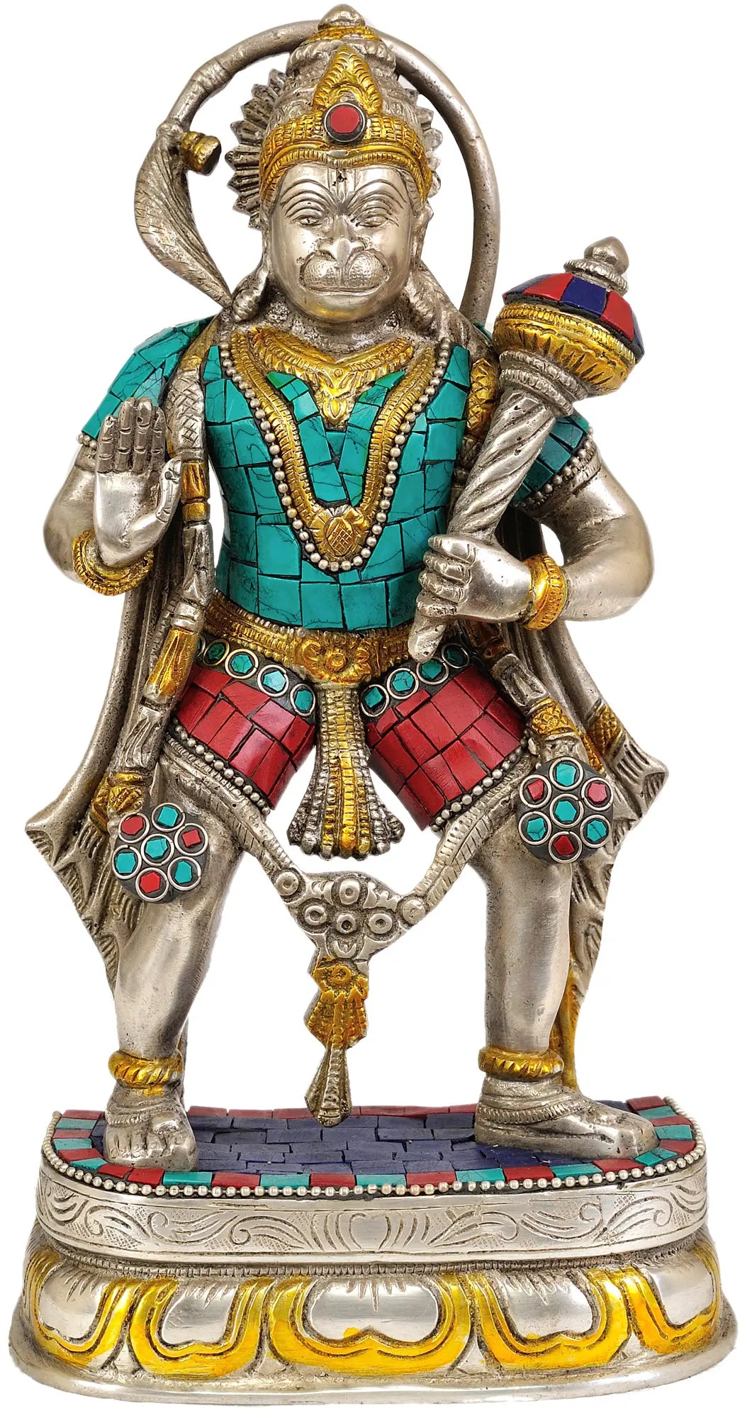 ब्रसौरा® इनले वर्क के साथ खड़े हनुमान | पीतल की मूर्ति | ऊंचाई 11 इंच और वज़न 3.34 किलोग्राम