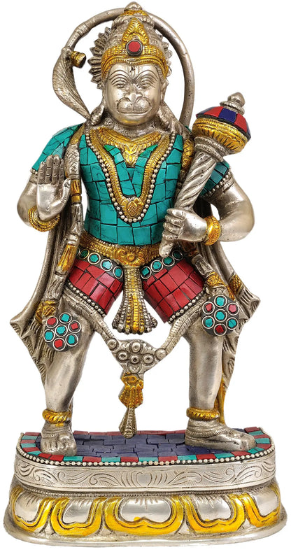 ब्रसौरा® इनले वर्क के साथ खड़े हनुमान | पीतल की मूर्ति | ऊंचाई 11 इंच और वज़न 3.34 किलोग्राम