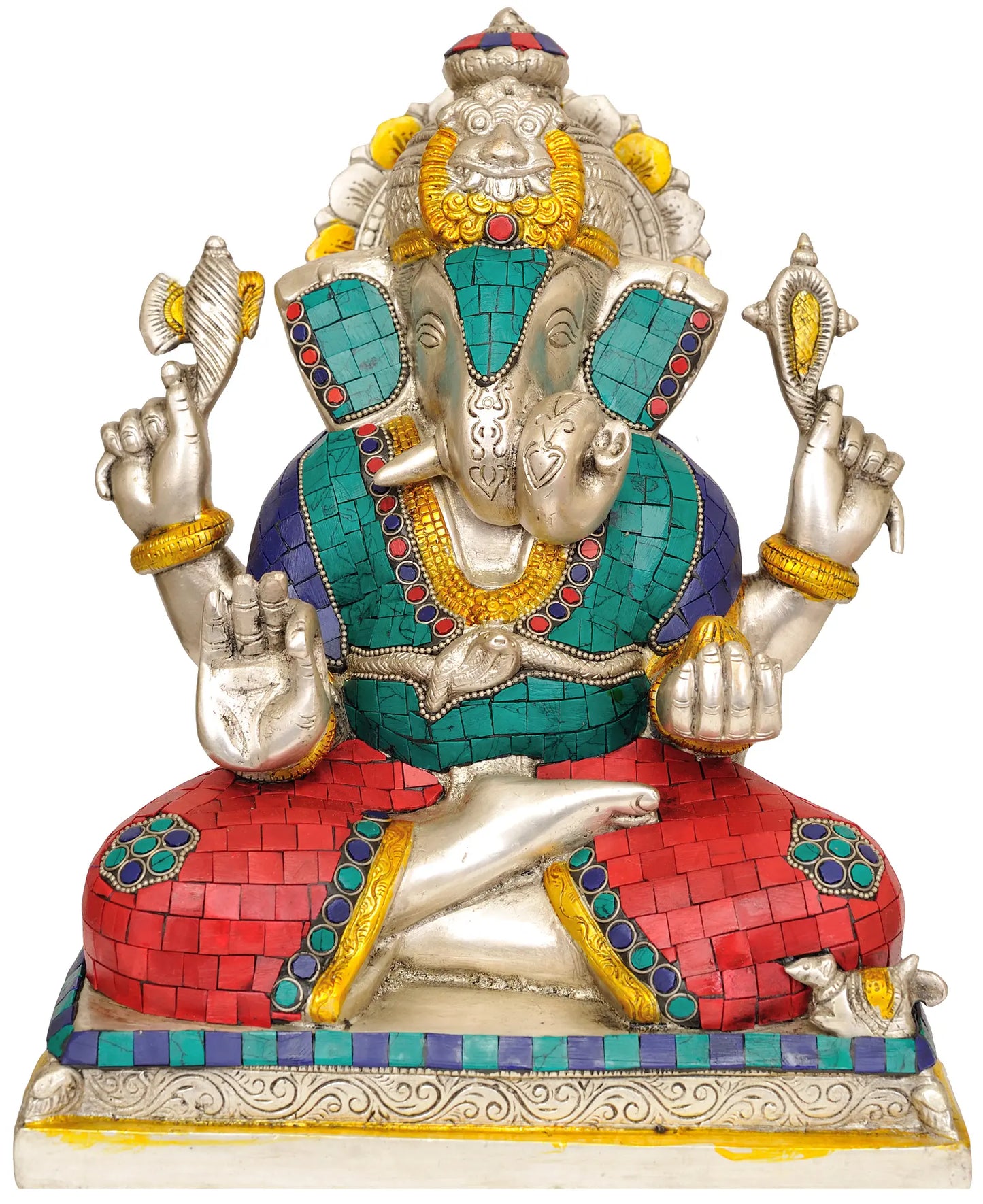 ब्रासौर™ पीतल की गणेश प्रतिमा, जिसमें घर के मंदिर और प्रवेश द्वार की सजावट के लिए जड़ाई का काम किया गया है | 11 इंच | 7.60 किलोग्राम