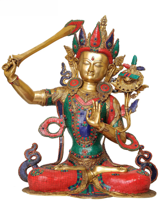 Brassaura® Bodhisattva Manjushri com Espada da Sabedoria | Latão Puro com Trabalho de Incrustação | Altura 81 cm e Peso 33,30 kg