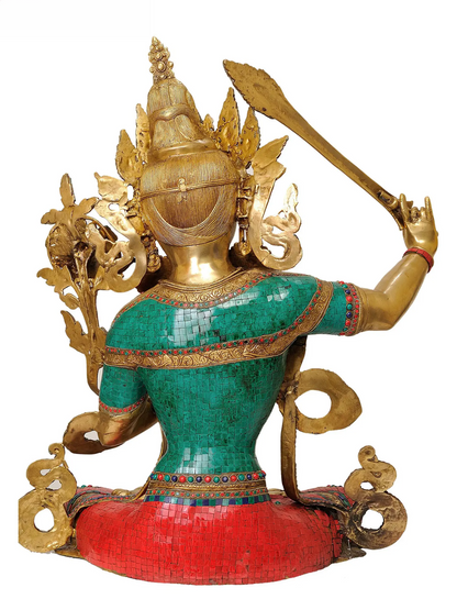 ब्रासौर® मंजुश्री बोधिसत्व ज्ञान तलवार के साथ | जड़ाई के काम के साथ शुद्ध पीतल | ऊँचाई 32 इंच और वज़न 33.30 किग्रा