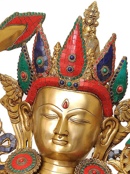 ब्रासौर® मंजुश्री बोधिसत्व ज्ञान तलवार के साथ | जड़ाई के काम के साथ शुद्ध पीतल | ऊँचाई 32 इंच और वज़न 33.30 किग्रा