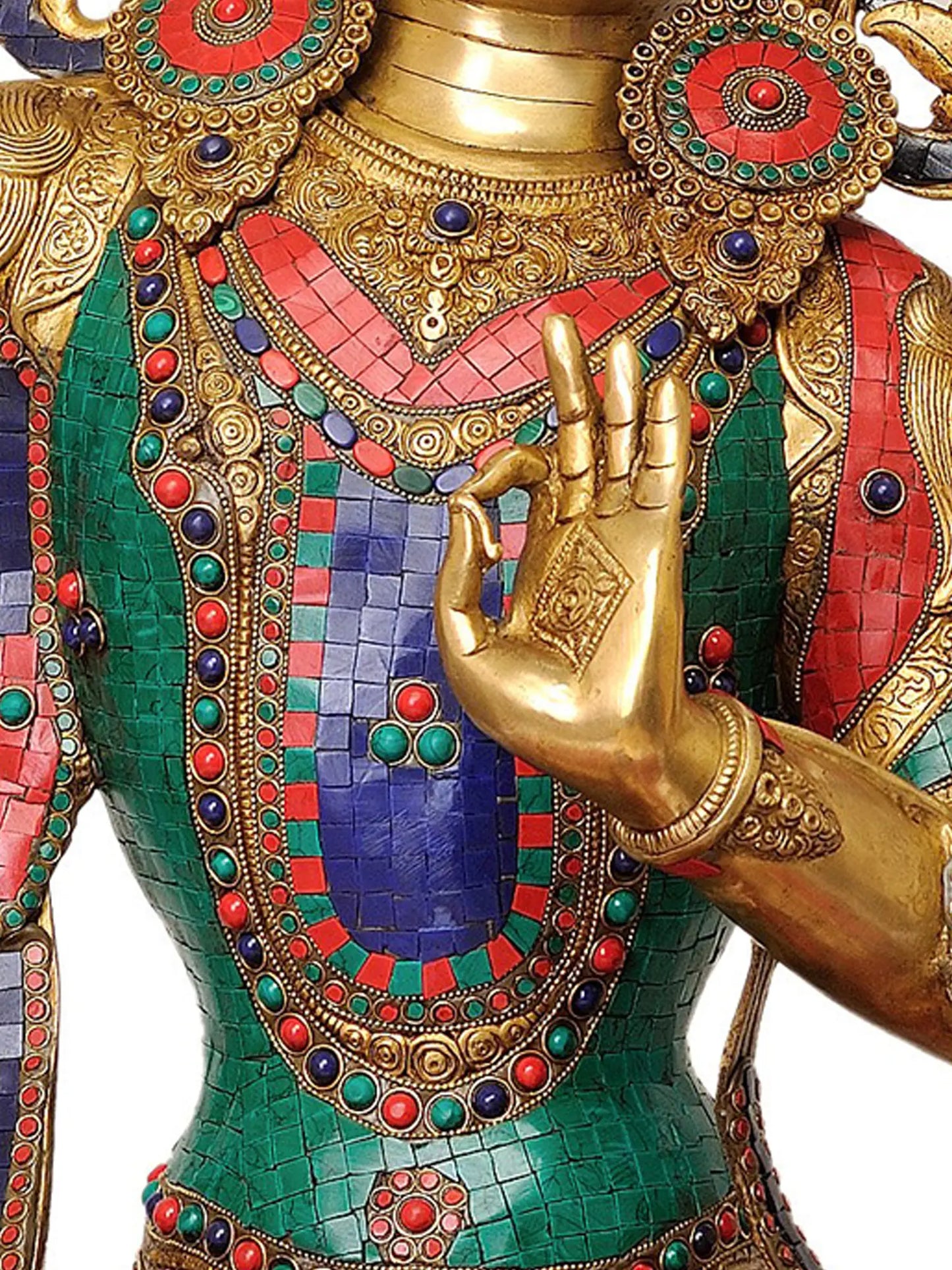 ब्रासौर® मंजुश्री बोधिसत्व ज्ञान तलवार के साथ | जड़ाई के काम के साथ शुद्ध पीतल | ऊँचाई 32 इंच और वज़न 33.30 किग्रा