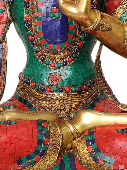 ब्रासौर® मंजुश्री बोधिसत्व ज्ञान तलवार के साथ | जड़ाई के काम के साथ शुद्ध पीतल | ऊँचाई 32 इंच और वज़न 33.30 किग्रा