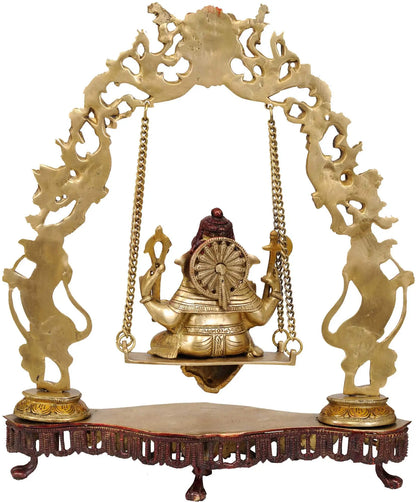 Brassaura™ Jhula Ganesha with Ornate Arch & Twin Horse Pillars | Height 17.9 Inches & Weight 6.75 kgs