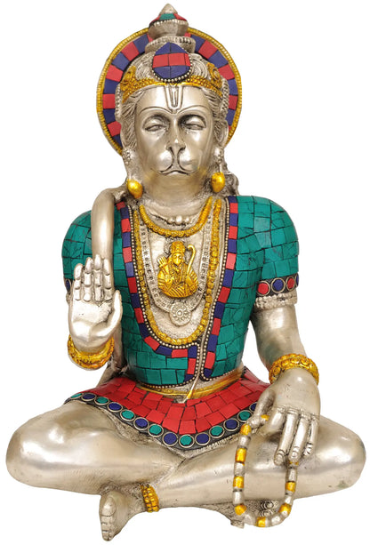 Brassaura® Sitting Hanuman Statue with Stone Inlay Work | Brass Idol for Home Temple & Spiritual Decor | Height 11.4 Inches & Weight 5 kgs