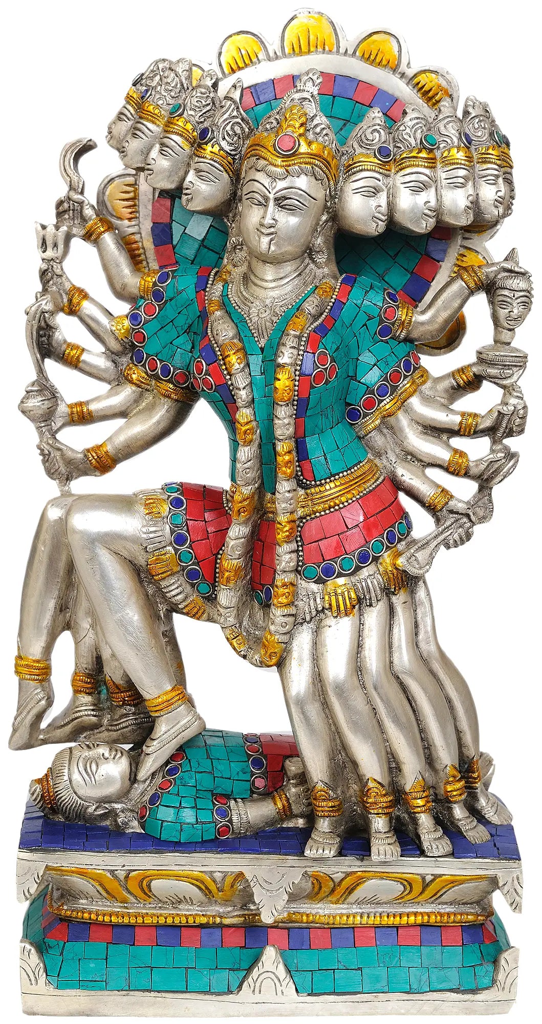 Brassaura® Mahakali Maa Brass Statue with Turquoise Coral Inlay Work | Height 15.5 Inches & Weight 8.40 kgs