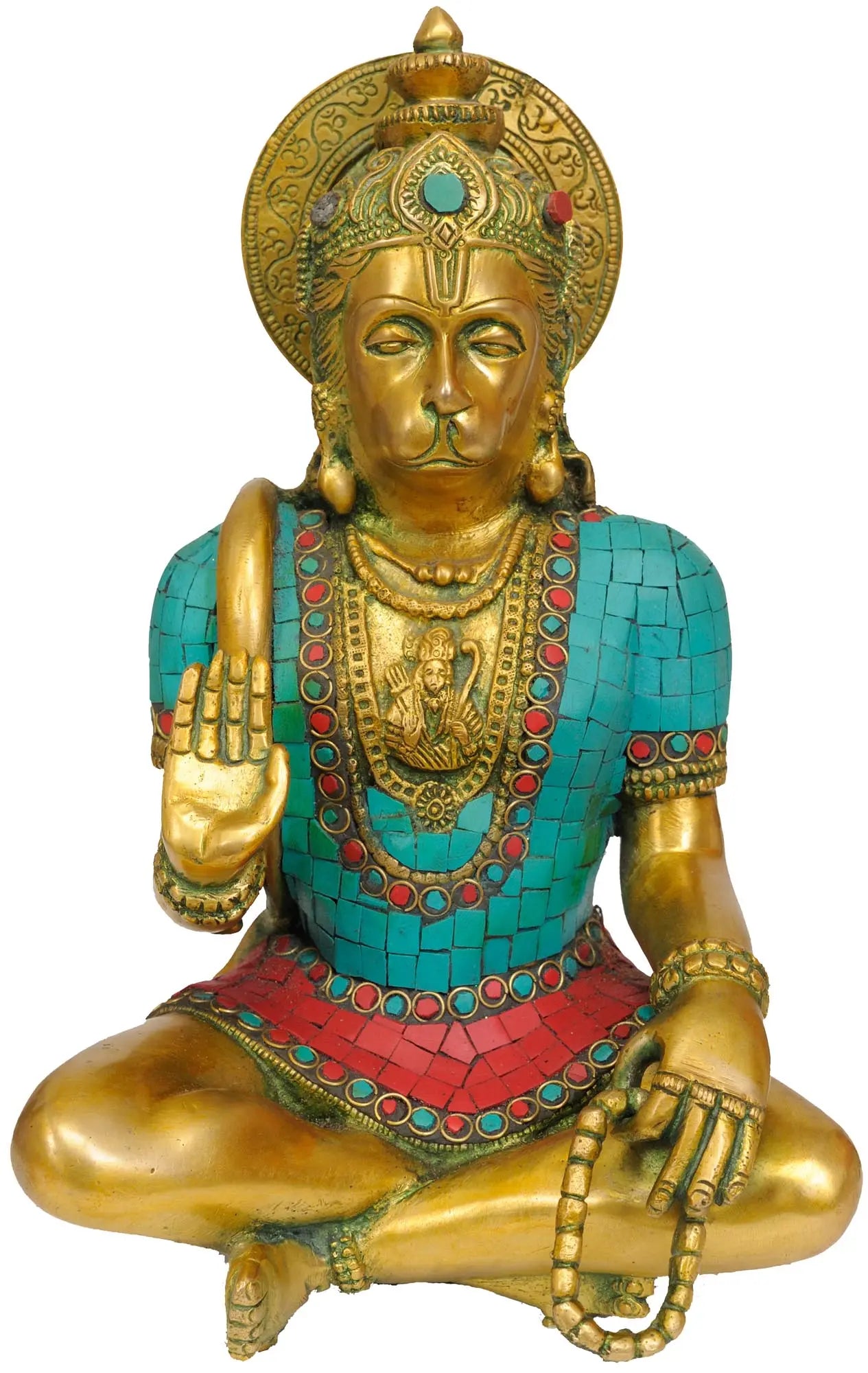 ब्रॉसौरा® बैठे हनुमान जी की मूर्ति, इनले वर्क के साथ | पीतल, स्टोन इनले के साथ | ऊंचाई 11 इंच और वज़न 4.90 किलोग्राम