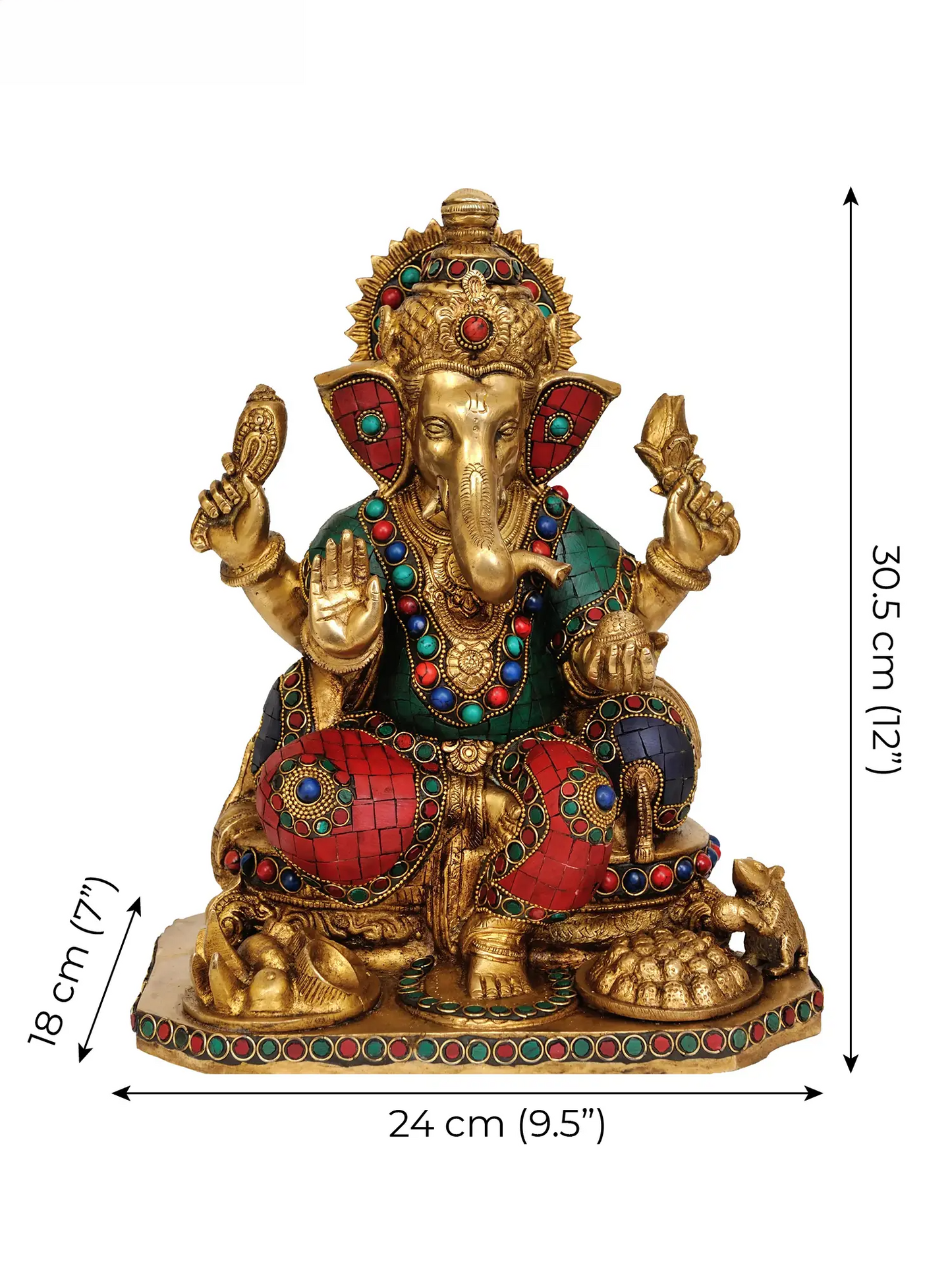 Brassaura™ Seated Ganesha with Multicolor Stone Inlay | Brass Sculpture | Height 12 Inches & Weight 9.60 kgs