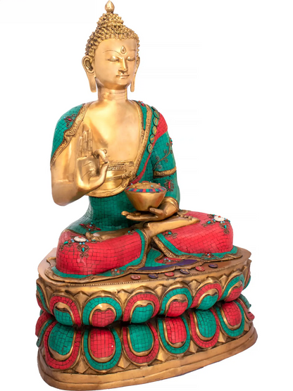 Brassaura® Brass Buddha Statue with Inlay Work | Height 38 Inches & Weight 52.50 kgs