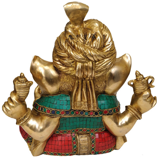 Brassaura® Ornate Ganesha with Floral Inlay Work | Brass Sculpture | Height 8.5 Inches & Weight 3.70 kgs