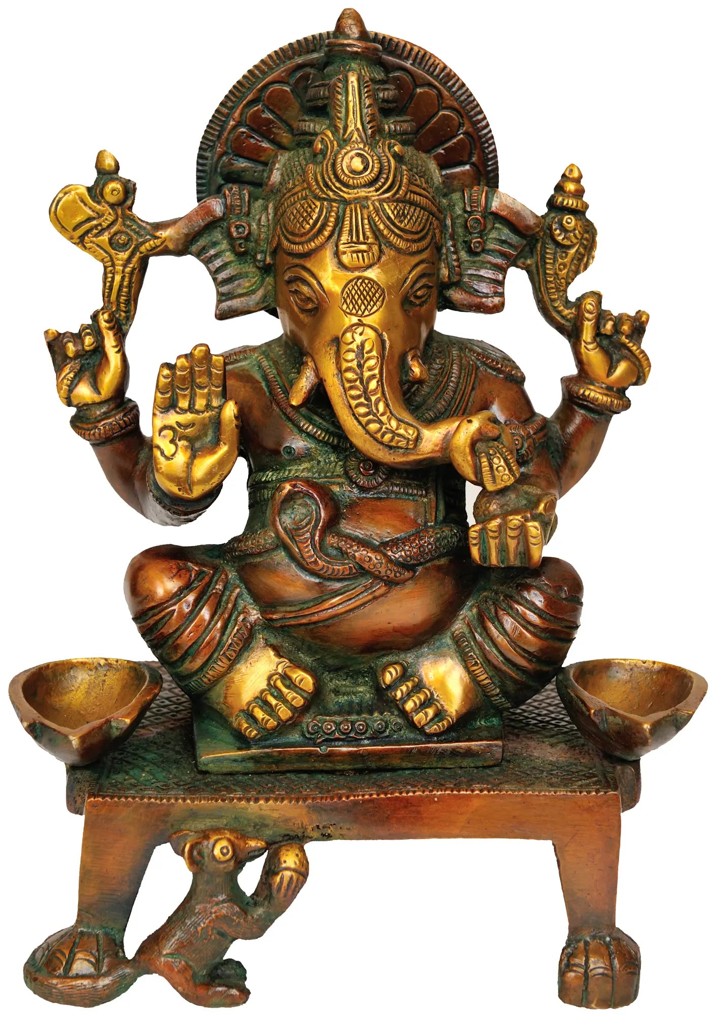 Brassaura® Antique Finish Ganesha with Dual Diyas | Height 8.07 Inches & Weight 2.60 kgs