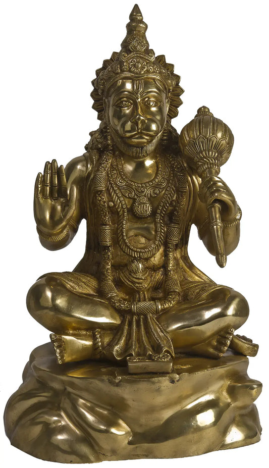ब्रासौड़ा® बैठे हनुमान जी की मूर्ति | जटिल जड़ाई काम के साथ पीतल | ऊंचाई 20 इंच और वज़न 18.11 किलोग्राम