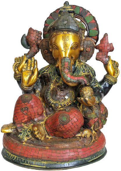 Brassaura™ Brass Ganesha Idol with Inlay Work for Home Temple & Festive Decor | 13 Inches | 10.80 kgs