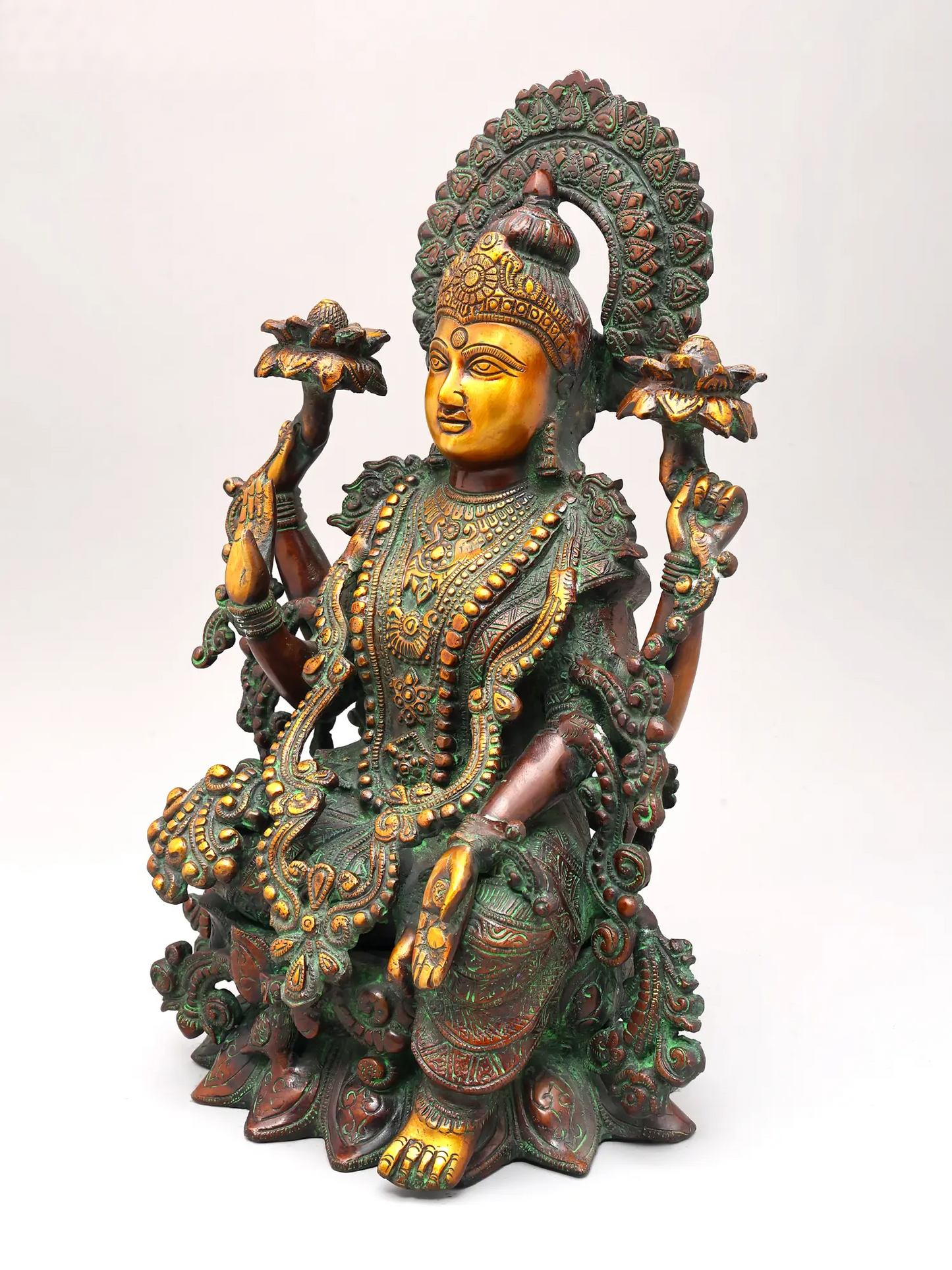 Brassaura® Lakshmi Seated on Ornate Throne | Brass Statue with Antique Finish | Height 16 Inches & Weight 11.70 kgs