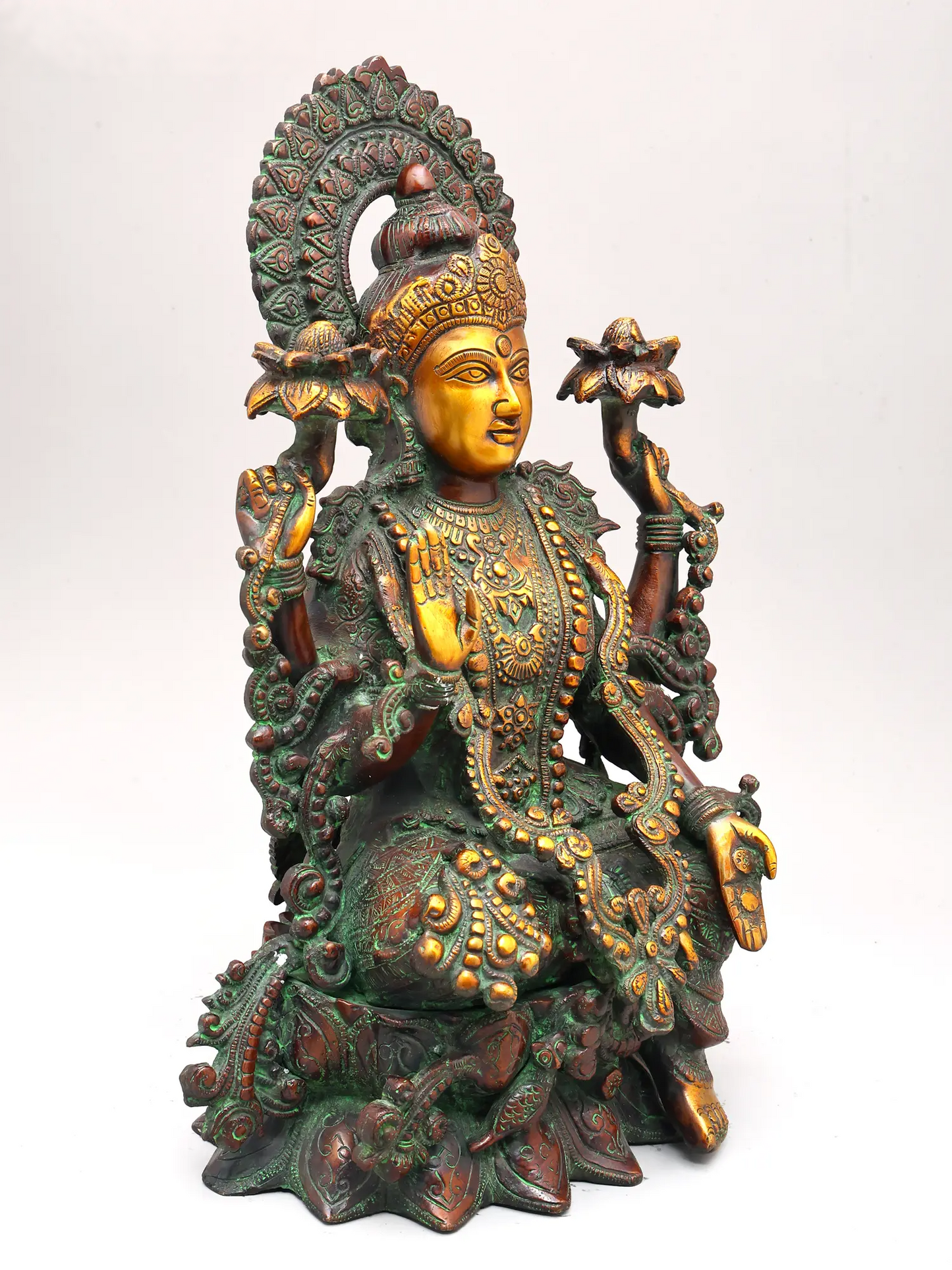 Brassaura® Lakshmi Seated on Ornate Throne | Brass Statue with Antique Finish | Height 16 Inches & Weight 11.70 kgs